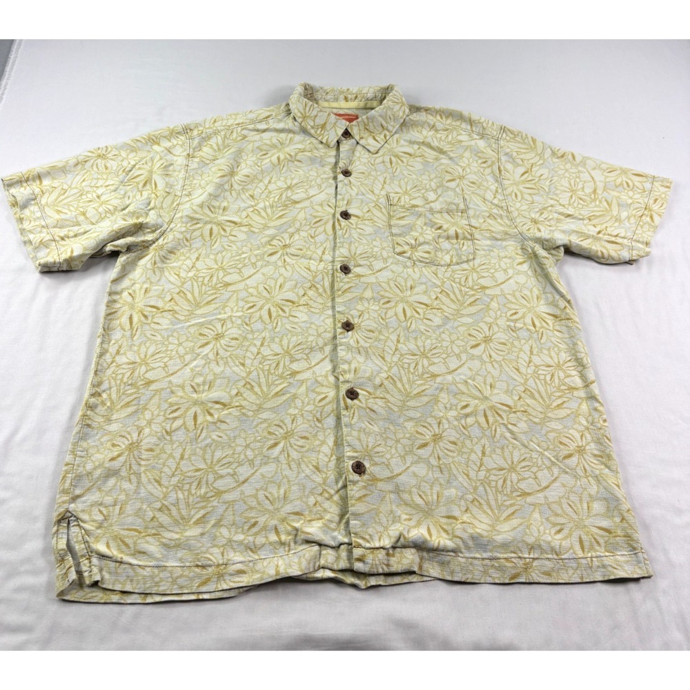Tommy Bahama Silk Shirt Mens Large Yellow Beige Floral Tropical Camp